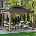 SUNJOY 11 x 11 ft. Wood Gazebo, Upgrade Outdoor Patio Cedar Framed Steel Hardtop Gazebo with 2-Tier Metal Roof, Suitable for Patios, Lawn and Backyard, Dark Brown Roof + Dark Wood Frame