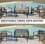 NATURAL EXPRESSIONS 4 Pieces Patio Furniture Sets,Outdoor Metal Sectional Furniture Modern Patio Conversation Set,Fauxwood Anti-Scald Armrest,Sling Mesh,Tempered-Glass Table,4" Olefin Cushions