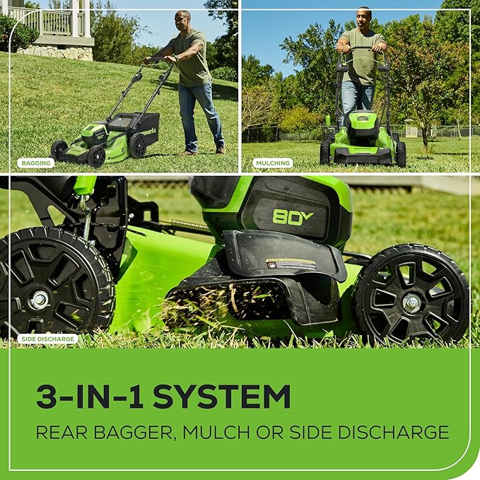Greenworks 80V 21” Brushless (Self-Propelled) Cordless Electric Lawn Mower + (580 CFM) Axial Leaf Blower (75+ Compatible Tools), 4.0Ah Battery and 60 Minute Rapid Charger, Green and Black