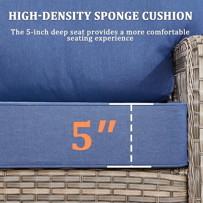 9 Pieces Patio Furniture Set Outdoor Sectional Sofa Couch with Rocking Swivel Chairs 5" Deep Seat Chairs, Modern Wicker Rattan Conversation Set, Blue/Gray Wicker