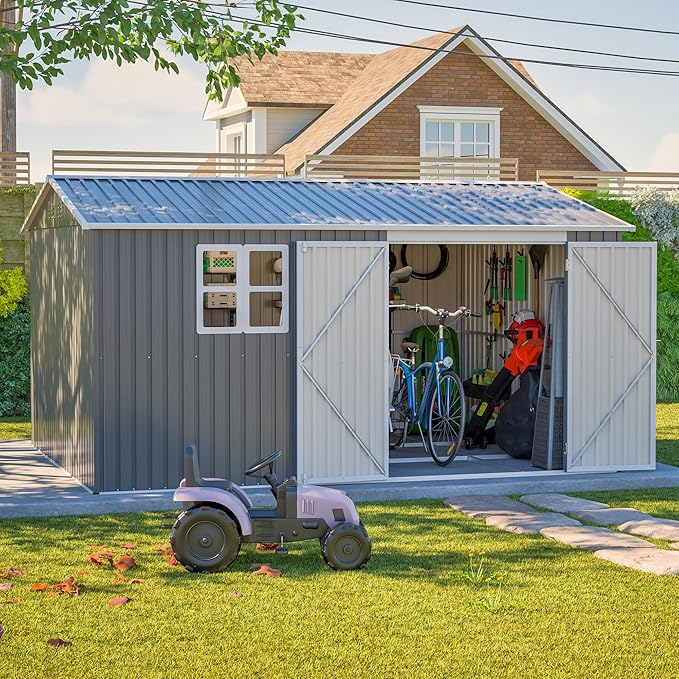 12x10 FT Outdoor Storage Shed Metal, Large Garden Tool Sheds Outdoor with Lockable Doors, Waterproof Steel Utility Storage Building, Heavy Duty Equipment Shed for Backyard Patio Lawn Garden, Grey
