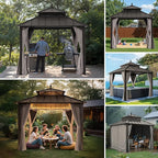 SUNJOY Kingston 10' x 10' Hardtop Gazebo with Galvanized Steel Double Roof, Curtain and Netting, Brown Aluminum Posts Permanent Pavilion Gazebo for Garden, Patio, Deck, Lawn