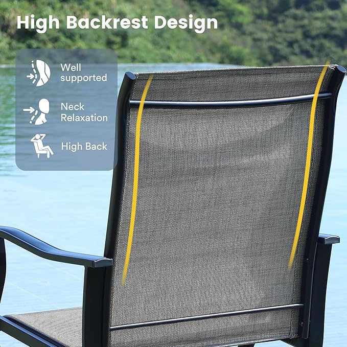 VICLLAX Patio Dining Set for 6, 7 Pieces Outdoor Furniture Includes 47.2" Round Patio Table with Umbrella Hole and 6 Outdoor Swivel Chairs for Lawn Garden, Black Tabletop and Mixed Brown Fabric