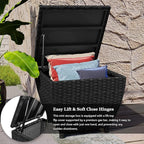 Outdoor Wicker Storage Box with Cover, 13 Gallon PE Rattan Deck Box for Outside with Waterproof Liner, Patio Storage Chest with Hinged Lid for Cushions, Pillows, Towels, Horizontal Bin, Black