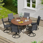 VICLLAX Outdoor Patio Round Dining Table, 50"x 50" Metal Slatted Round Tabletop with Adjustable Umbrella Hole for Deck Lawn Garden Backyard, Walnut