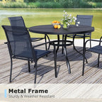 5 Pieces Round Dining Table Set for 4, Patio Dining Set Includes 4 Dark Blue Stackable Patio Chairs and 1 Black Mesh Round Table, Patio Furniture Sets with Sling Support for Outside, Garden