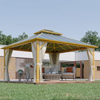 12'x14' Gazebo, YOLENY Outdoor Wood Grain Hardtop Gazebos on Clearance, Aluminum Composite Double Roof with Privacy Curtain and Mosquito Net for Patio, Lawn, Garden, Deck, Gray