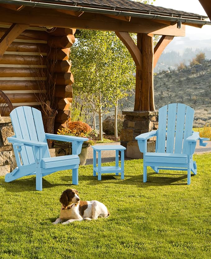 SERWALL Folding Adirondack Chair Set of 2, Adjustable Adirondack Chair with 3 Recline Positions, All Weather HDPE Outdoor Adirondack with Cup Holders, Light Blue