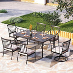 PHI VILLA 7 Pieces Outdoor Dining Set for 6, 64" Metal Steel Dining Table with Umbrella Hole & Cushioned Iron Swivel Chairs for Patio, Yard, Porch, Deck