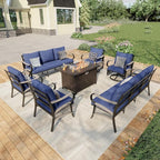 8 Pieces Modern Patio Furniture Set, All Weather Metal Outdoor Conversation Sets with Fire Pit Table for Backyard Garden Deck Porch Poolside, Blue