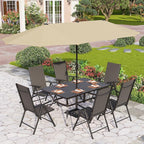 PHI VILLA 7 Piece Patio Dining Furniture Set with Umbrella, Outdoor Table and Chairs for 6, Foldable Patio Dining Chairs (Black) with Adjustable Backrest & Metal Dining Table for Garden, Deck