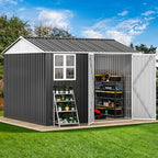 DWVO 10x8ft Large Tool Storage Shed with Window, Lockable Doors, and Sloped Roof, Oversized Steel Outdoor Storage Shed for Garden, Patio, Garage, Backyard, Lawn - Gray & White