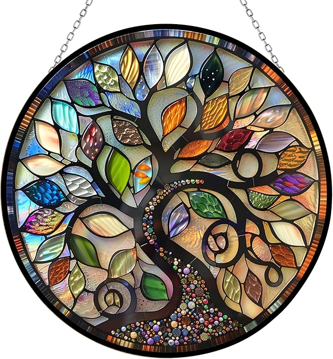 Bohemian Tree of Life Stained Glass Suncatcher 4 Season Colorful Window Wall Ornament Hand-Painted Glass Panel Decor Gift for Women Christmas Thanksgiving Gift 6.3"
