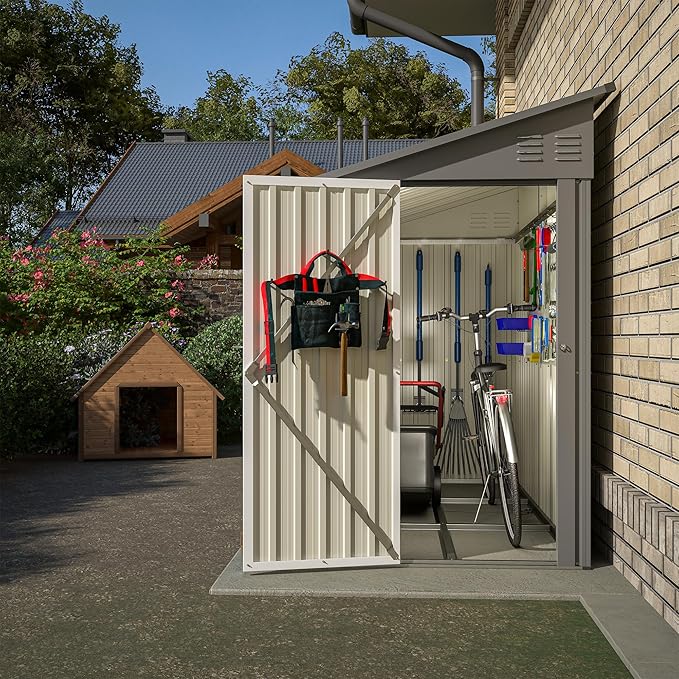 4×8 FT Lean to Metal Shed,Outdoor Heavy-Duty Storage Shed with Floor Base,All Weather Waterproof Garden Tool House W/Lockable Door&2 Air Vents,Reversible Door Design,for Backyard,Patio,Lawn,Gray