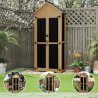 Outdoor Storage Cabinet with Shelf, Wood & Metal Storage Shed with Lockable Doors & Sloping Roof, Outdoor Cabinets for Patio Backyard, Garden Shed Tool Shed and Accessories, Brown