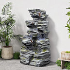 34.3" H Outdoor Water Fountain with LED Lights, 5-Tier Cascading Rock Waterfall for Yard, Garden, Patio, Outdoor Decor Water Features