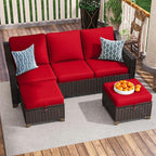 3 Pieces Outdoor Conversation Furniture Set - 77" Patio Sofa, 2 Rattan Wicker Ottomans, Patio Wicker Couch Set with Water-Resistant and Washable Cushions for Sunroom, Deck, Porch (Red)