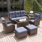 LayinSun 7 Pieces Outdoor Patio Furniture Set with Fire Pit Table, Rattan Wicker Sectional Swivel Rocker Chairs Sets with Ottomans, Swivel Glider Chairs and Coffee Table