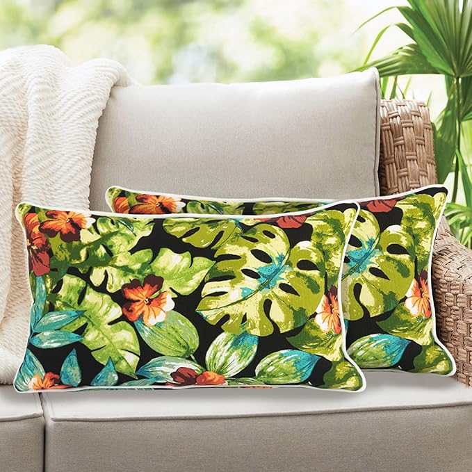 Lumbar Pillow Covers Set of 2, Outdoor Indoor Waterproof Decorative Patio Lumbar Pillowcase Shell 12x20 Inch, Rectangular Cushion Case for Couch Sofa Garden Farmhouse-Maui Tropical Black