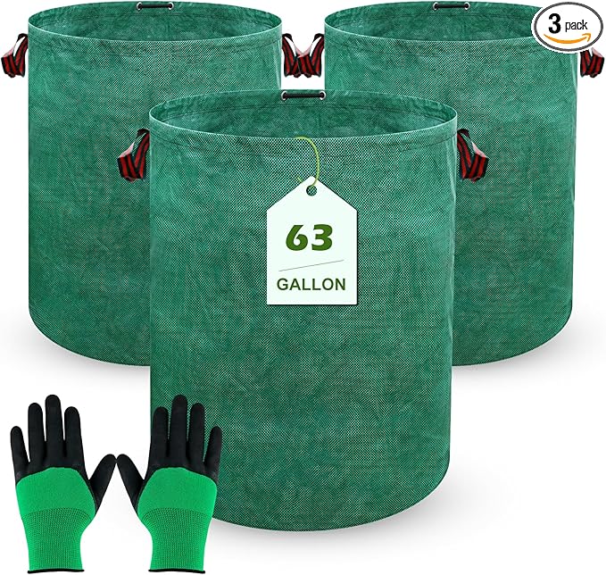 63 Gallons Lawn and Leaf Bags,Reusable Yard Waste Bags with Gardening Gloves,Heavy Duty Garden Bags with 4 Handles for Lawn Care, Camping & Recycling(3 Pack）