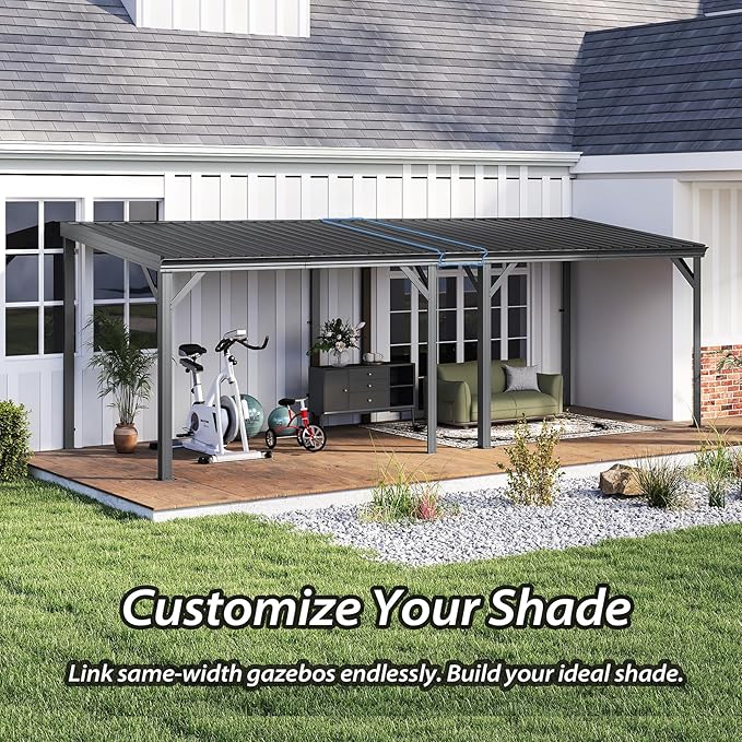 Domi 8'x8' Lean to Gazebo Hardtop, Expandable Wall Mounted Pergola with Gutters & Galvanized Steel Roof, 60MPH Wind Resistance, Outdoor Metal Heavy Duty Metal Awning for Patio, Deck, Backyard - Grey