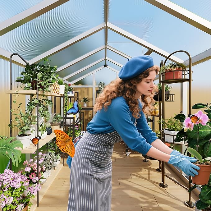 6x10 FT Greenhouse, Easy Assembly Aluminum Polycarbonate Greenhouses for Outdoors with Roof Vent and Ground Nails, Heavy Duty Aluminum Walk-in Greenhouse for Backyard, Sliding Lockable Door, Silver