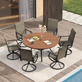 VICLLAX Patio Dining Set for 6, 7 Pieces Outdoor Furniture Includes 47.2" Round Patio Table with Umbrella Hole and 6 Outdoor Swivel Chairs for Lawn Garden, Walnut Tabletop and Mixed Brown Fabric