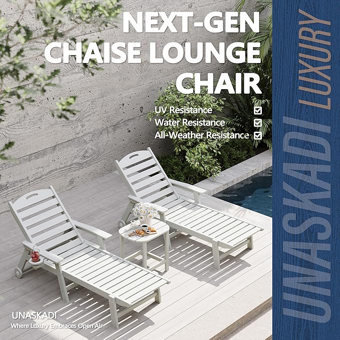 Patio Chaise Lounge Chair, HDPE Outdoor Lounge Chairs with 5-Position Adjustable Backrest, Cup Holder and Wheels, 450lbs Capacity for Poolside Deck Backyard, All Weather Material(White)