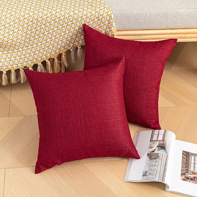 Kevin Textile Pack of 2 Outdoor Waterproof Throw Pillow Covers Decorative Farmhouse Checkered Square Solid Cushion Cases for Patio Garden Porch Sofa Red 18x18 inch