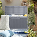 JUMMICO 100 Gallon Resin Deck Box with Cushion, Waterproof Outdoor Storage Box with Lockable Lid for Garden Tools, Patio Cushions (Gray)