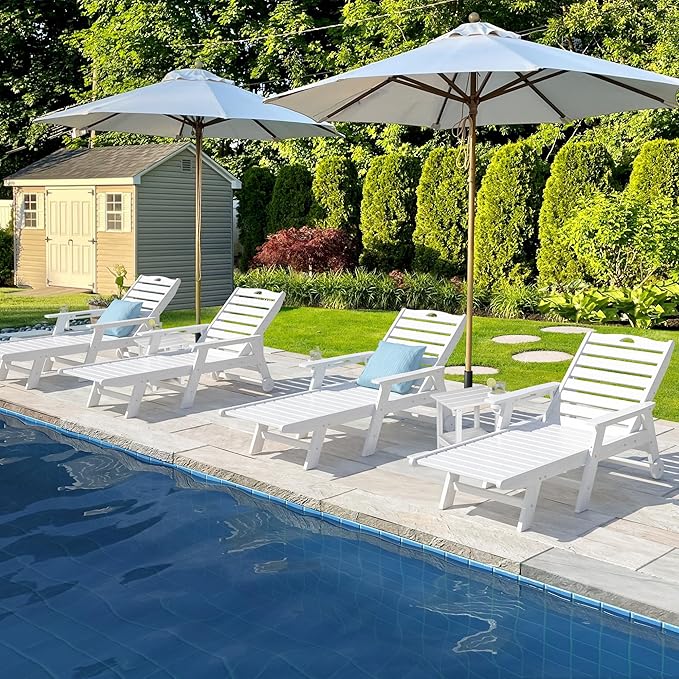nalone HDPE Chaise Lounge Chair Outdoor with Wheels & Cup Holder, Pool Lounge Chairs with 5-Position Adjustable Backrest, Supports Up to 400 LBS for Patio Poolside Deck Beach Backyard (White)