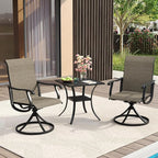 VICLLAX 3 Pieces Patio Dining Set Includes 28" Square Small Outdoor Table and 2 Patio Swivel Chairs for Lawn Garden, Black Tabletop and Mixed Brown Fabric