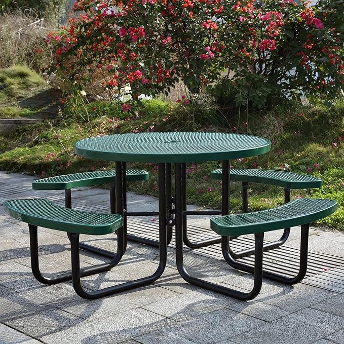 8-Person Picnic Tables for Outdoors, Industrial 46" Expanded Metal Round Picnic Table with 4 Benches & Umbrella Hole, Outside Table and Bench Set for Park, Garden, Backyard, Patio, Green