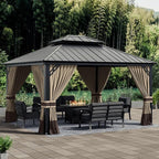 12x14ft Hardtop Gazebo Double Roof, Outdoor Pavilion with 2-Layer Hard top Galvanized Iron Frame Garden Tent, Suitable for courtyards, backyards, Decks, and Grass