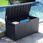 Modern-Depo 100 Gallon Deck Box Waterproof Outdoor Storage Bench Polypropylene PP Garden Tools Pool Towel Storage Bin Porch Delivery Box, Black