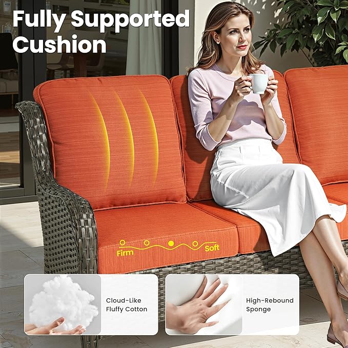 ovios 7 Pieces Patio Furniture Set, Outdoor Wicker Sofa Couch with Swivel Chairs 54" Fire Pit Table, High Back All Weather Modern Conversation Sets, Brown Rattan, Orange Red
