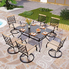 PHI VILLA Patio Dining Set of 7, 60" x 37" Metal Steel Outoor Dining Umbrella Table, 6 Swivel Chairs with Custion Patio Table Chair Set for Outdoor Garden Lawn Pool