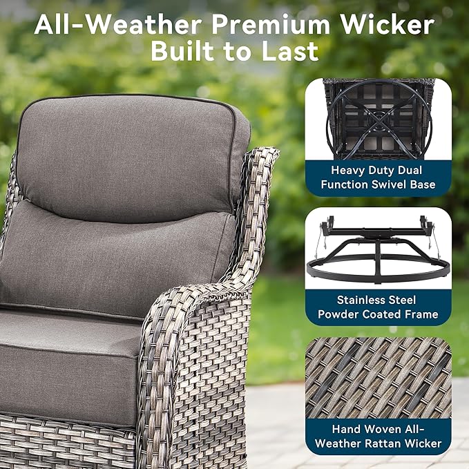 Luxury High Back Outdoor Furniture 6-Inch Thick Cushions with 50,000 BTU Gas Propane Fire Pit Tablet, Patio Furniture Set with Swivel Chairs, 6 PCS for Porch, Balcony, Deck and Yard