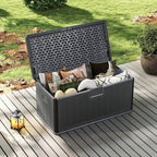 HAPPYGRILL Outdoor Storage Deck Box with Lockable Design & Gas Strut, Handle, 100 Gallon HDPE Patio Storage Organizer for Lawn Backyard Poolside (Gray)