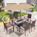 PHI VILLA 7 Pieces Outdoor Dining Set with Umbrella for 6, Rectangular Wood-Top Metal Table & Wicker Chairs with Cushions & 13ft Beige Umbrella, Modern Dining Furniture Set for Patio,Deck,Backyard