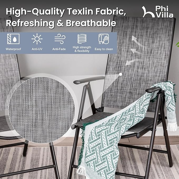 PHI VILLA Outdoor Patio Dining Set with 9 Ft Umbrella for 4, 4 Outdoor Patio Reclining Folding Sling Grey Chairs with Armrest & 1 Square Metal Patio Dining Table with 1.57" Umbrella Hole