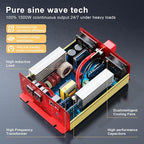 1500W Pure Sine Wave Power Inverter, DC 12V to AC 120V Converter with 3000W Surge, LCD Display, Remote Control, 2 USB Ports & 3 AC Outlets — for RV, Solar, Home Backup