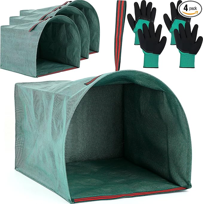 Berlune 4 Pack 72 Gallon Garden Bags for Debris Extra Large Dustpan-type Lawn Yard Waste Bags with 2 Pairs Gardening Gloves Reusable Heavy Duty Lawn and Leaf Bag for Parties, Laundry, Camping