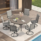VICLLAX 7 Pieces Patio Dining Set for 6-Outdoor Furniture Includes 53" Round Outdoor Table and Swivel Padded Chairs, Grey Wood Grain Tabletop and Grey Fabric