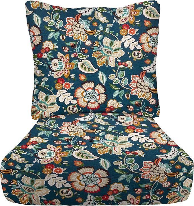 RSH DECOR Deep Seating Cushion with Pillow Back | 24” x 23” Seat | Water and Fade-Resistant Spun Fabric | Outdoor Chair Cushion Set for Patio Furniture | Telfair Peacock Blue