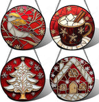 Stained Glass Window Hanging 4 Pcs Set Red Christmas Themed Decorations 7.8" - Suncatcher Door Garden Sun Catcher Decor Birthday New Year for Mom Woman Nana Men