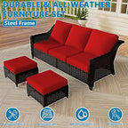 Vista Vibe 3 Pieces Outdoor Patio Conversation Furniture Set - 78" 3-seat Sofa | 2 Wicker Ottomans, Deep Seat Loveseat with Removable Cushions, Hand-Woven PE Rattan Couch, Lawn (Brown/Red)