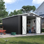 10x12FT Outdoor Storage Shed, Metal Garden Shed with Lockable Double Doors & Sloping Roof, Weather-Resistant Tool Shed for Backyard, Patio, Poolside Black