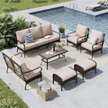 MFSTUDIO 7 PCS Outdoor Patio Furniture Set, Metal Outdoor Conversation Set, Rattan Wicker Patio Sectional with 2 x Fixed Single Sofa, 2 and 3-Seat Sofa, 2 x Ottoman, 1 x Coffee Table, Beige