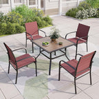 5 Pieces Patio Table and Chairs Set, 4 Person Outdoor Dining Furniture Set, 4 Red Textilene Chairs and 37" Wood-Like Table Top Table with Umbrella Hole, for Deck Backyard Lawn